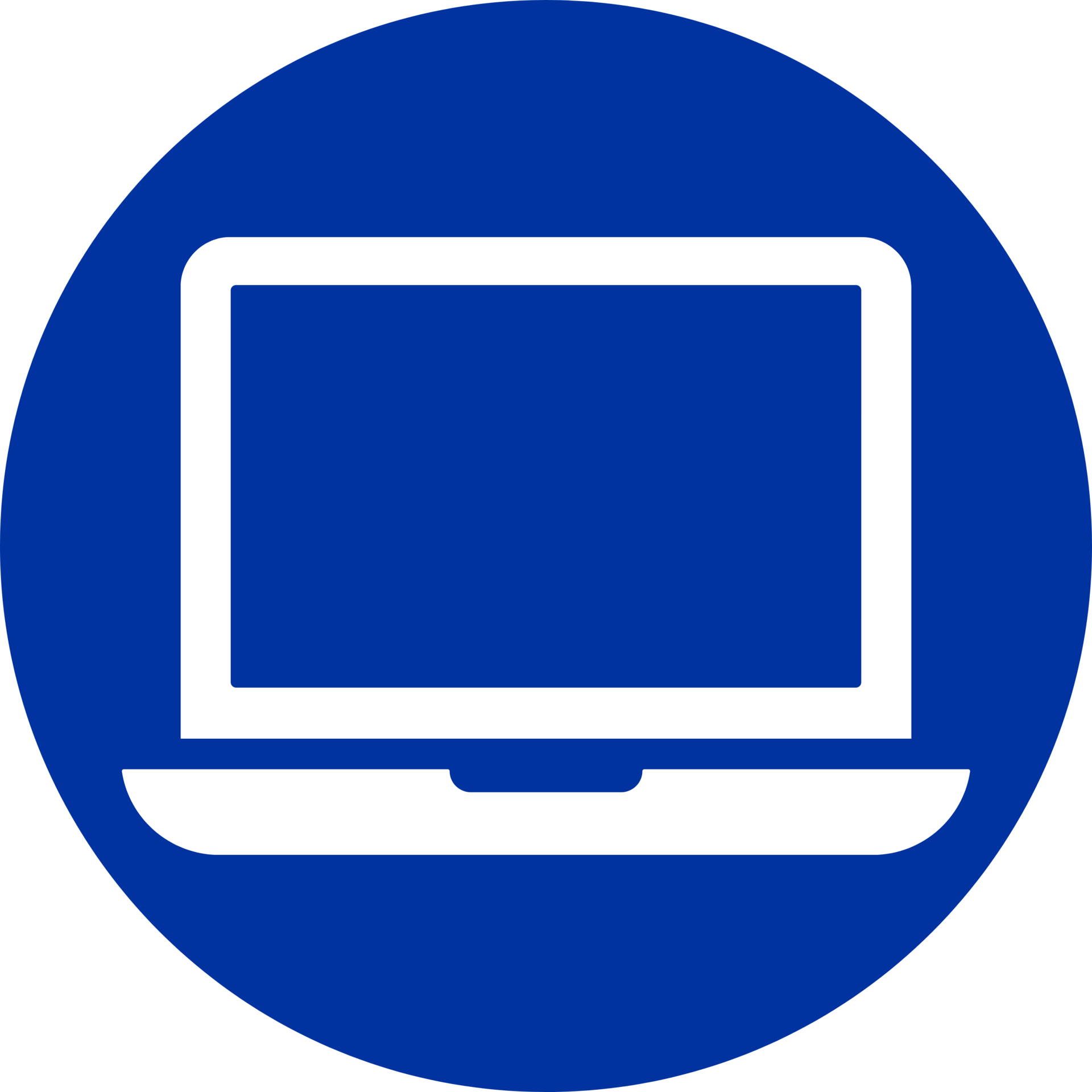 White laptop icon on a blue circular background.