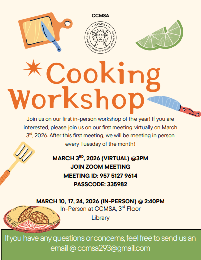 Flyer for CCMSA cooking workshop.