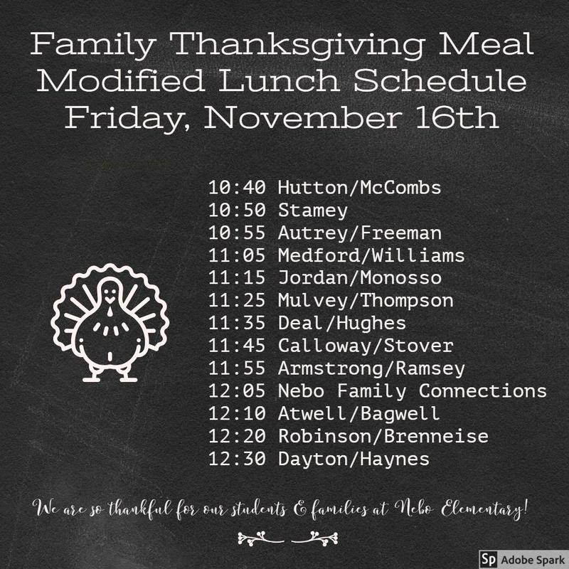 chalkboard with modified lunch schedule for Thanksgiving family meal