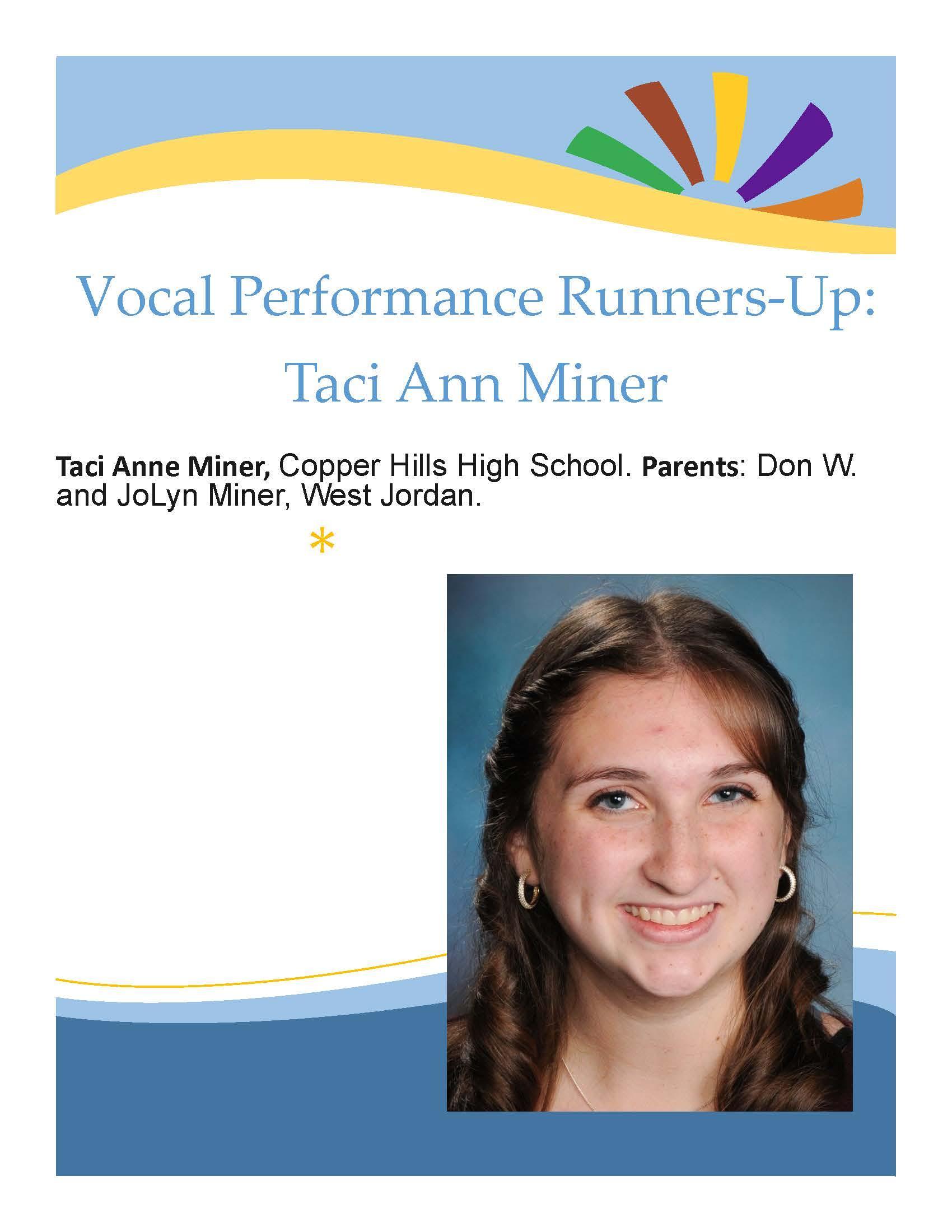 Sterling Scholar Vocal Performance RunnerUp Taci Ann Miner Copper