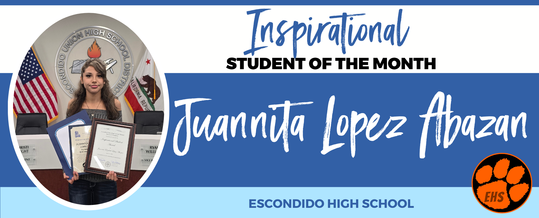 Student of the Month Juanita Lopez Abazan holding awards at a school event.