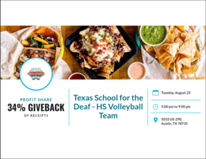 Event flyer for a fundraiser featuring food items and details.