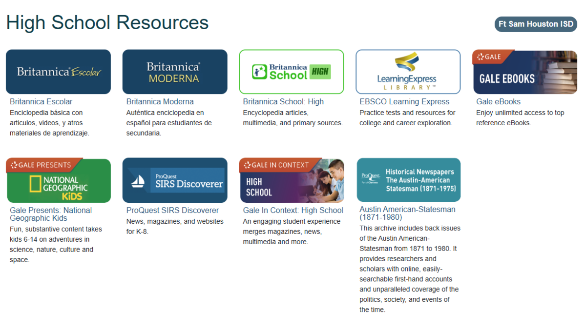 High School TEXQUEST resources and descriptions