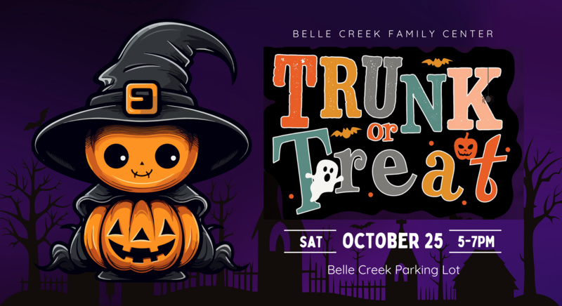 Pumpkins in a hat and robe on a black background. Text about Trunk or Treat