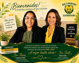Two women, the school deputy and principal, welcoming families to Big Country Elementary.