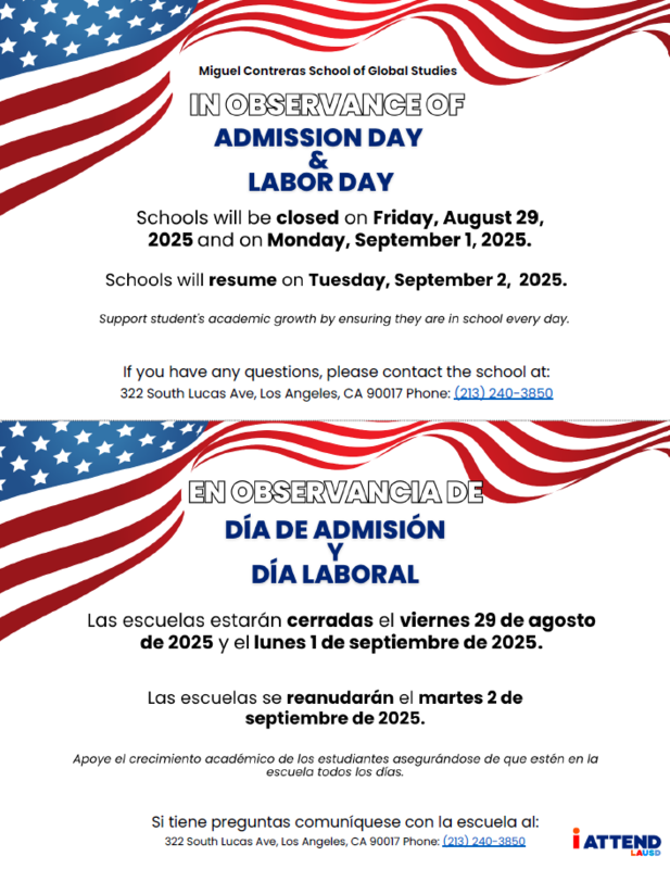 Admission day and Labor Day flyer. no school.