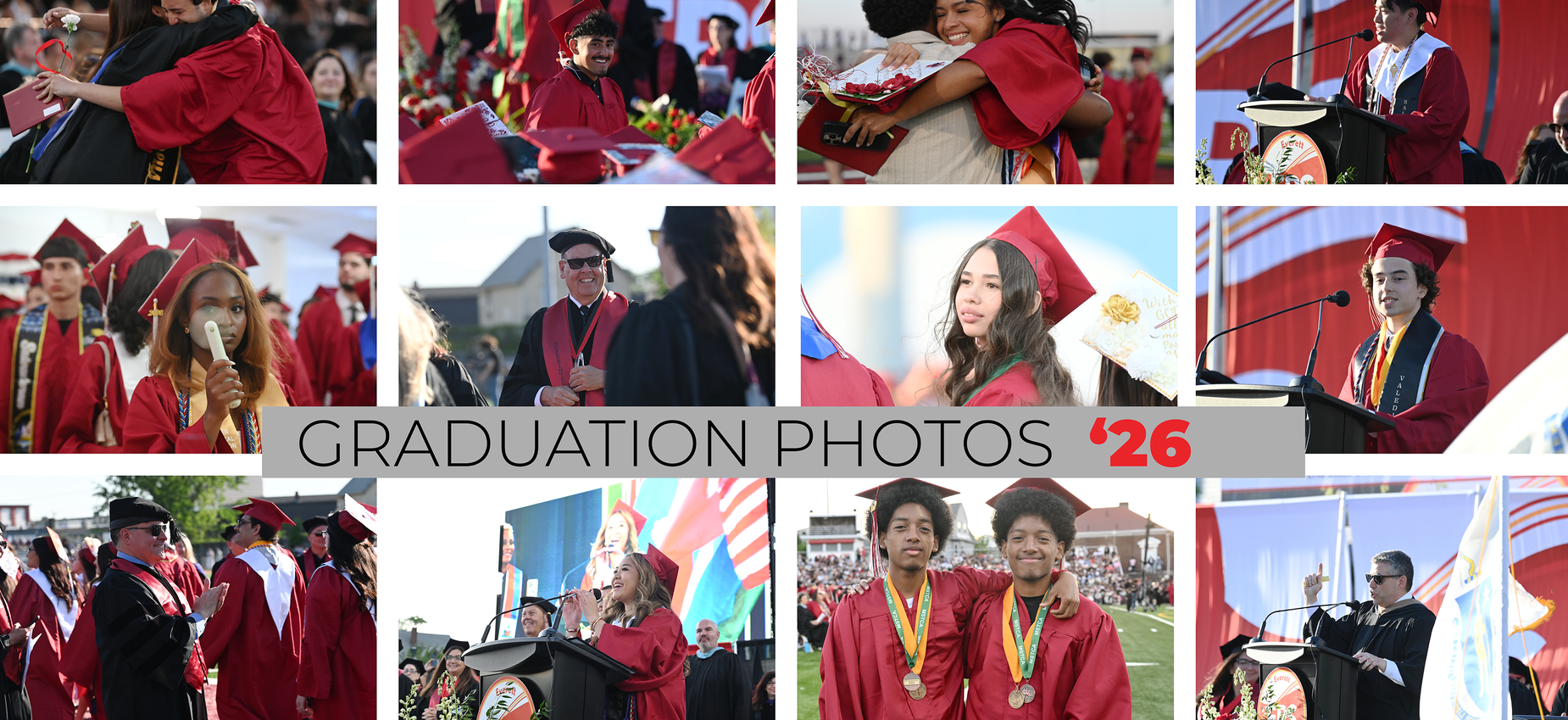 Collage of graduation moments featuring smiling graduates in red caps and gowns.