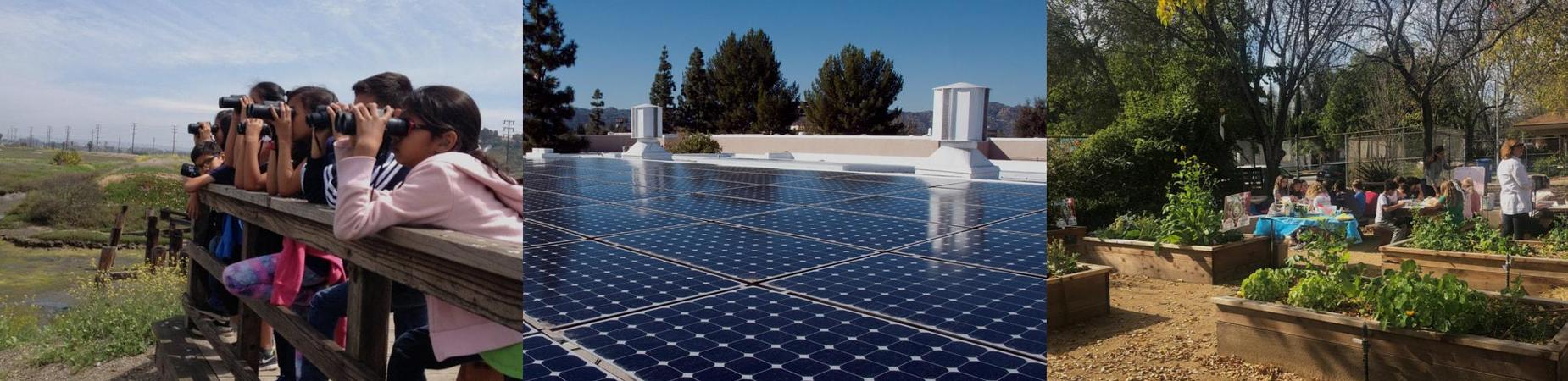 Children using binoculars in nature, solar panels on a roof, and a community garden gathering.