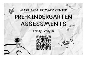 A crumpled flyer for pre-kindergarten assessments with illustrations and a QR code.