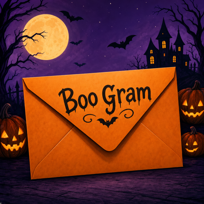 Halloween themed graphic with orange envelope that says 'Boo Gram' and features a bat on it.