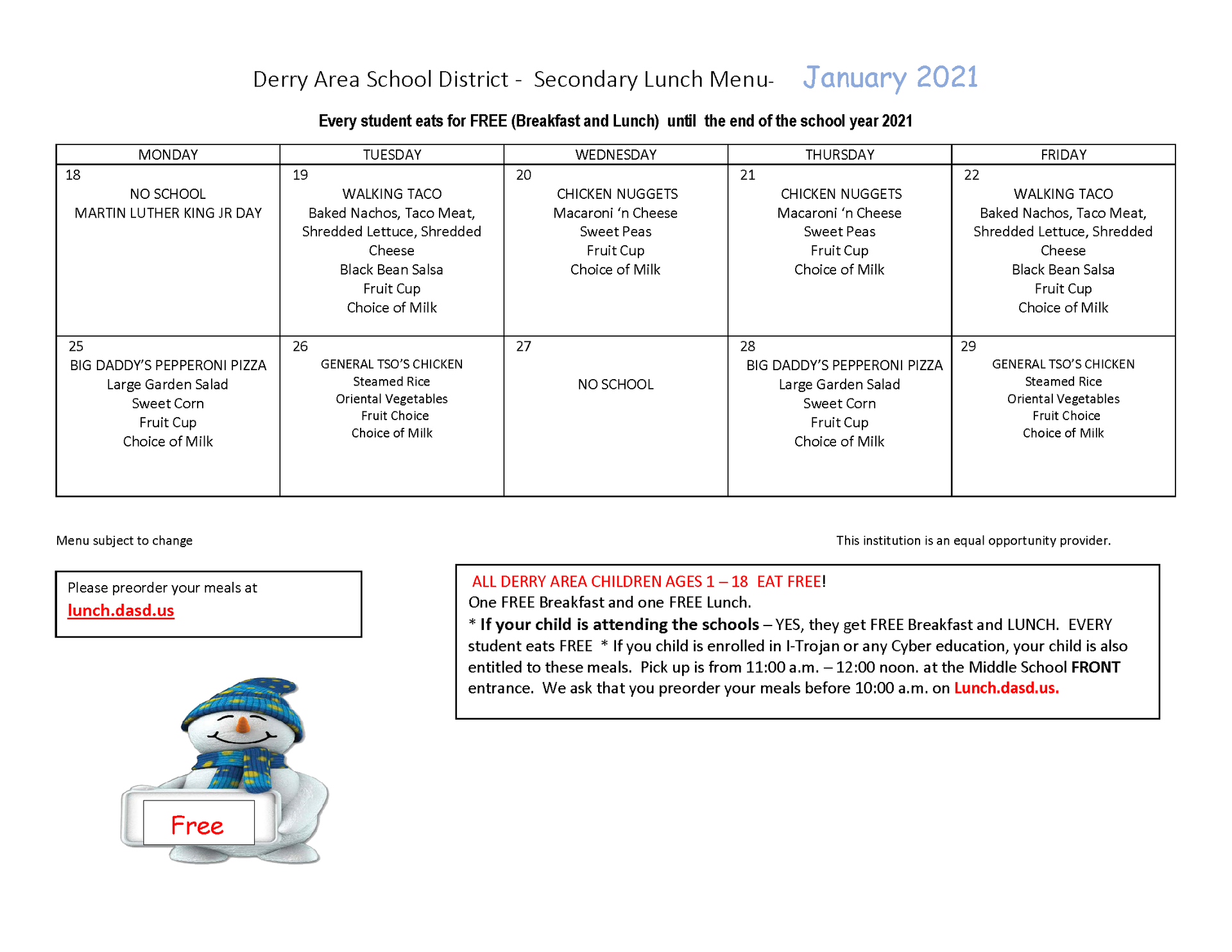 School Menus Food Services Derry Area School District