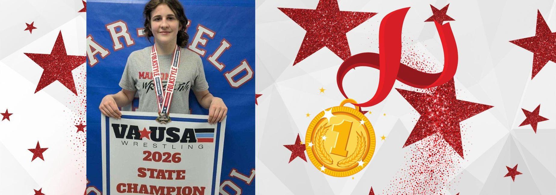 Young girl wearing a medal and holding 2026 
state champion banner