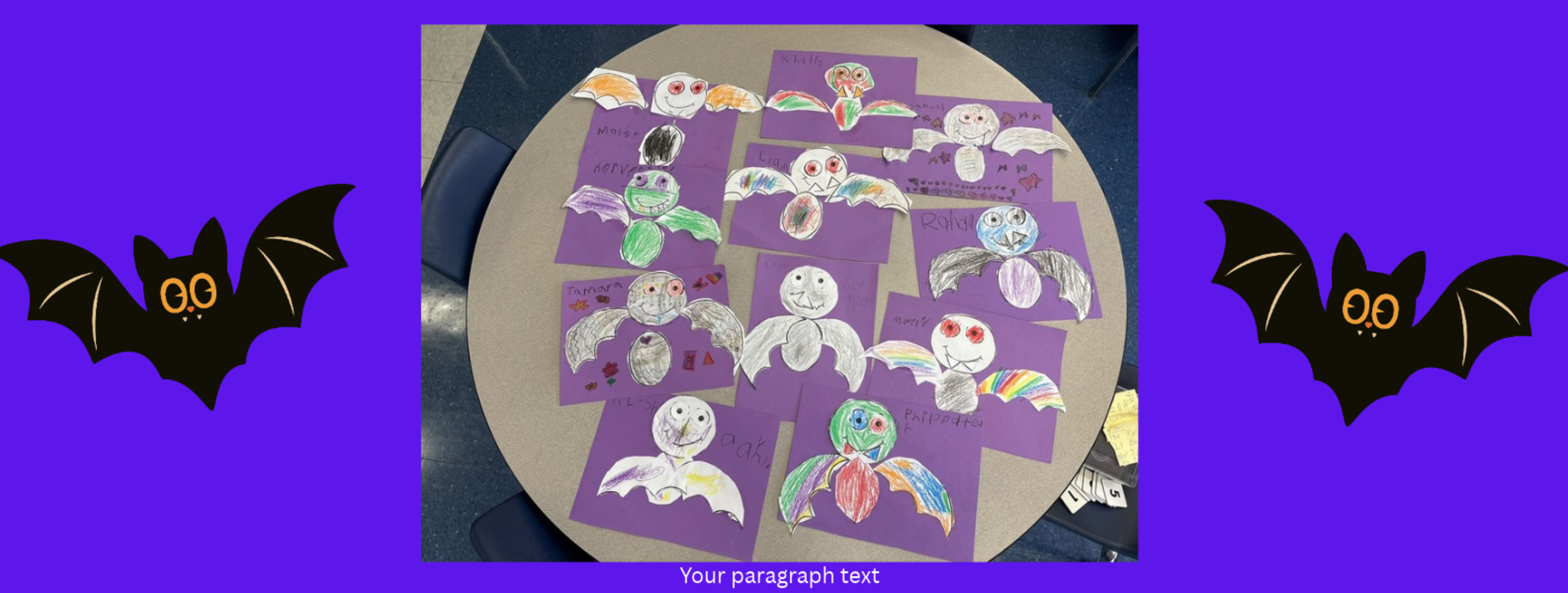 Colorful bat drawings on purple paper arranged on a table.