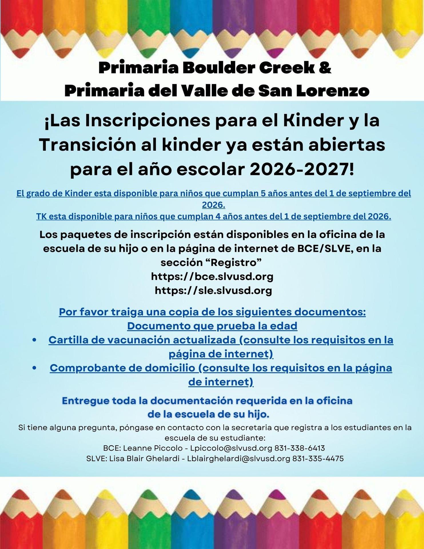 Spanish Info for K/TK Registration