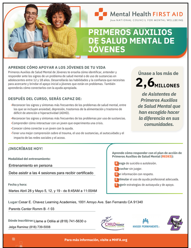 Youth Mental Health First Aid Workshops / Talleres de Primeros Auxilios de Salud Mental de Jovenes
