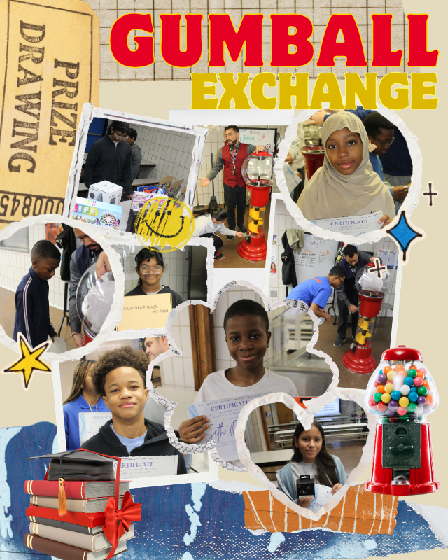 Students engaged in the Gumball Exchange event, featuring gumball machines and certificates.