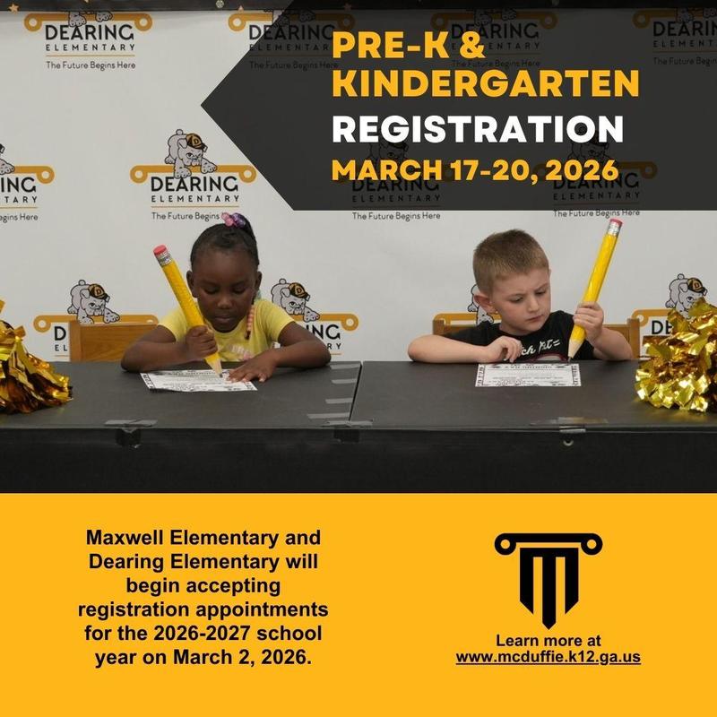 A photo with two children signing paperwork and information about 2026-2027 registration.