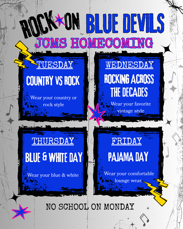 Homecoming is here!! The game will be September 10 with kick-off at 6:30 p.m.! Show up at 6 p.m. to support your Homecoming Court!   Dress up days will be: 9/7, Monday: No school for Labor Day! 9/8, Tuesday: Country vs Rock! --Wear your country or rock style! 9/9, Wednesday: Rocking Across the Decades! --Wear your favorite vintage style! 9/10, Thursday: Blue & White Day! --Wear your blue & white to support our team! 9/11, Friday: Pajama Day! --Wear your comfortable lounge wear!