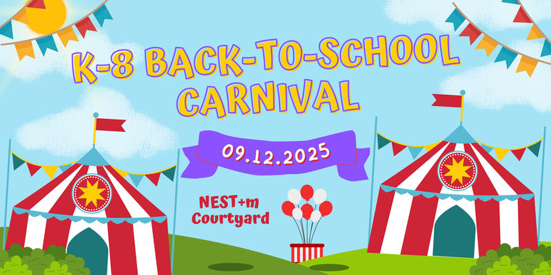 Festive image of carnival scene to celebrate NEST+m PTA Back to School Carnival for Grades K-8!