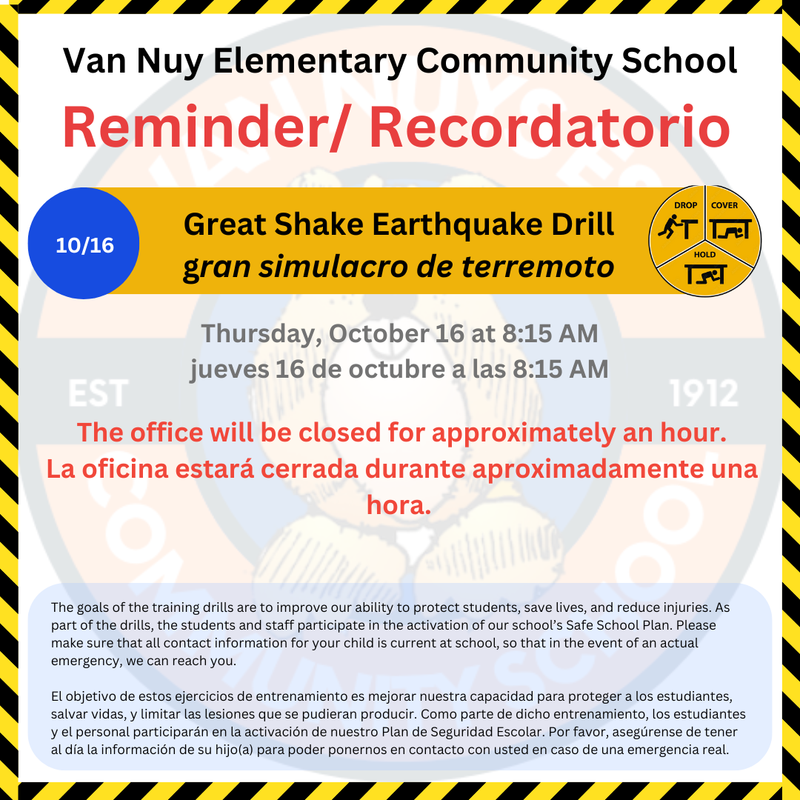 Earthquake Great Shake Drill on Thursday, October 16th. Make sure to update your emergency cards