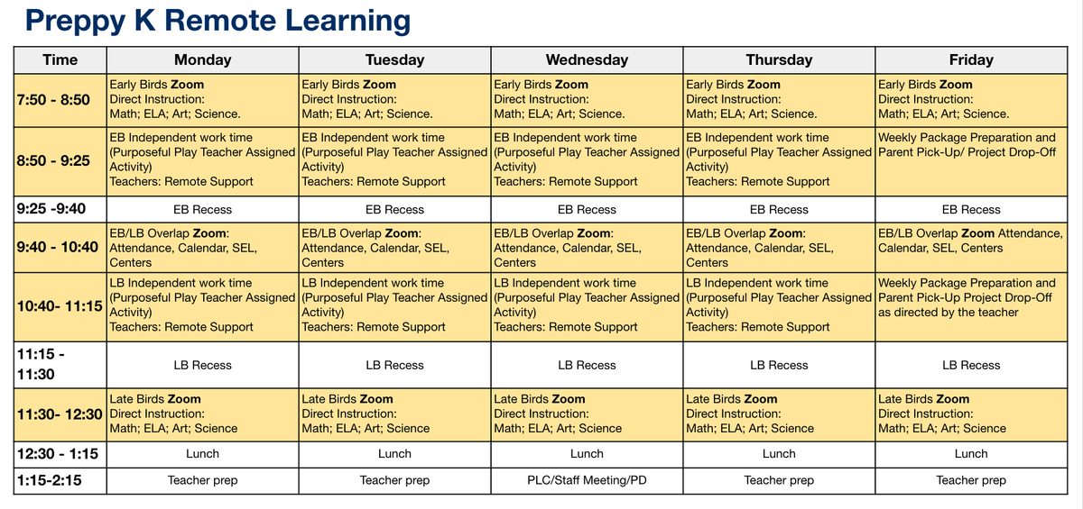 Preppy K Remote Learning Bell Schedule.