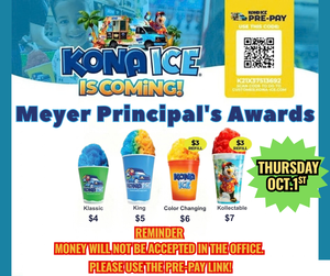 Kona Ice announcement featuring colorful ice treats with pricing and pre-pay reminder.