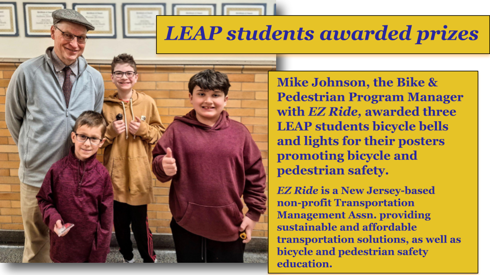 collage of 3 LEAP students receiving prizes from NJ's EZ-Ride for their bicycling and pedestrian safety posters
