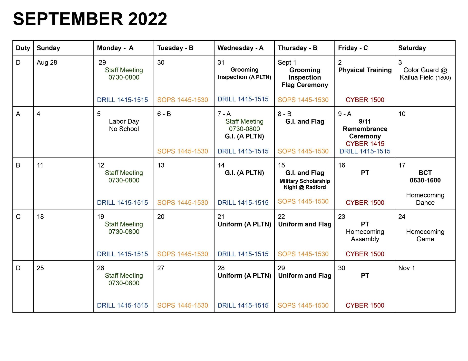 Calendars NJROTC Kalaheo High School