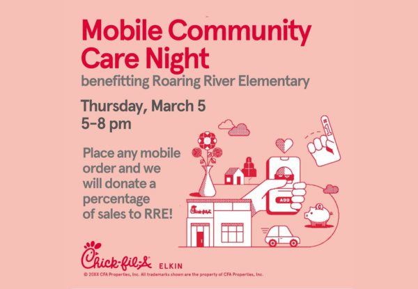 Red and gray text on pink background, reads same as description with white and red graphics of restaurant and mobile phone.