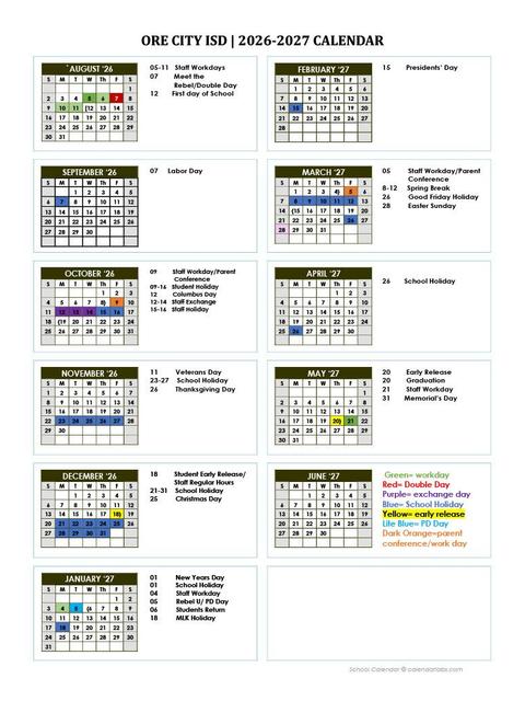 Ore City ISD 2026-2027 School Calendar