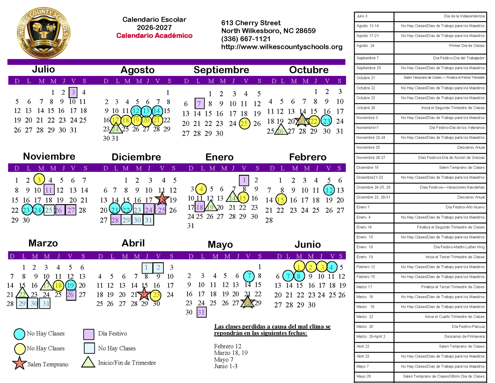 2026-2027 WCS Spanish Academic Calendar. Fully accessible text version is provided below.