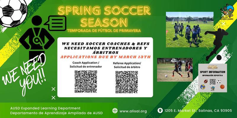 Graphic promoting the upcoming soccer season and the need for coaches and referees