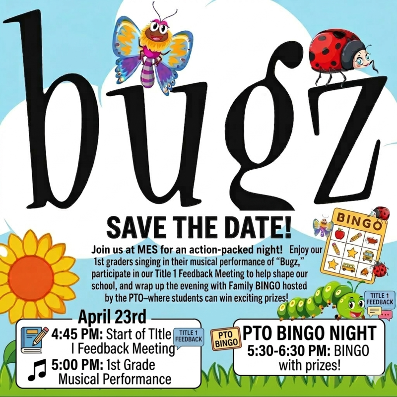 Colorful flyer for a school event featuring flowers, a bee, and event details.