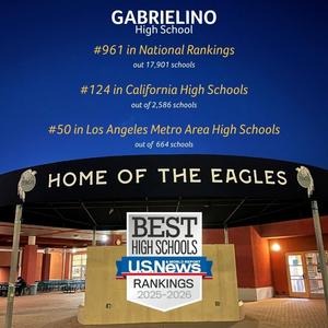 Front of the high school at night with the US News logo superimposed over it