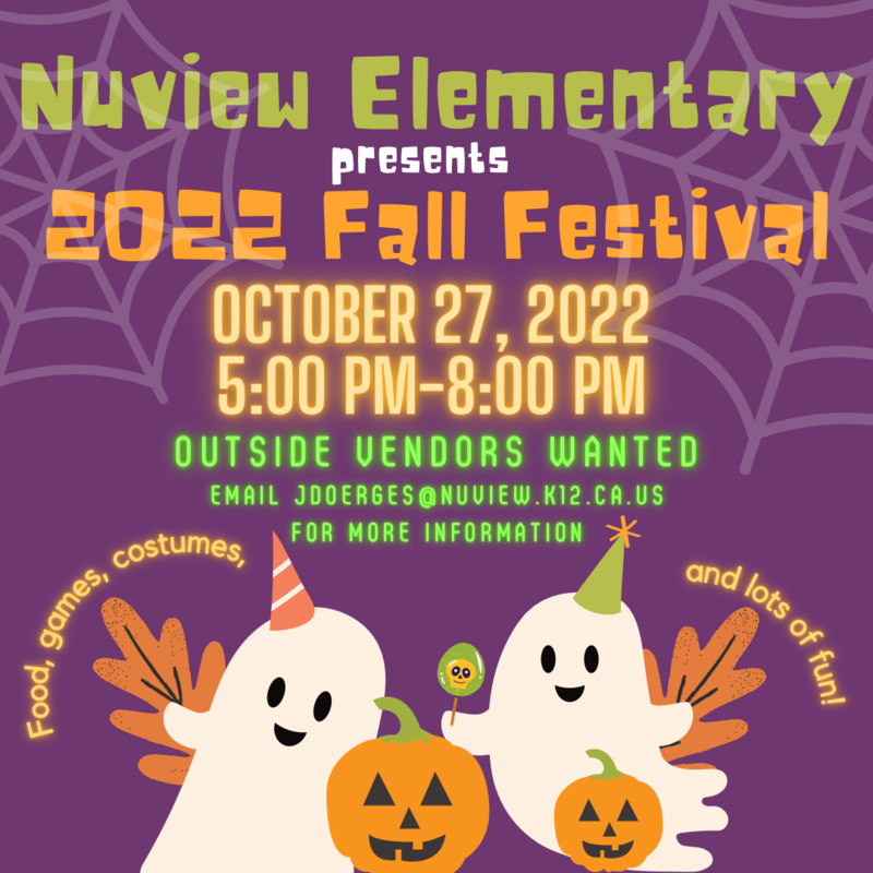 Purple flyer with Fall Festival information, white ghosts and orange pumpkins.