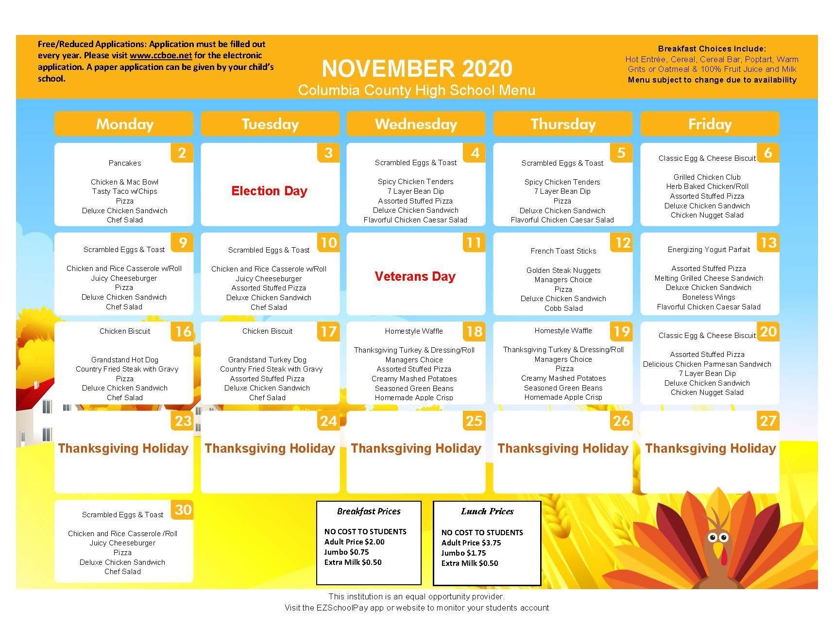 Menus School Nutrition Columbia County Schools