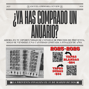 Anuarios 2025-2026: tapa blanda $24; tapa dura $34. Incluye códigos QR para realizar pedidos.