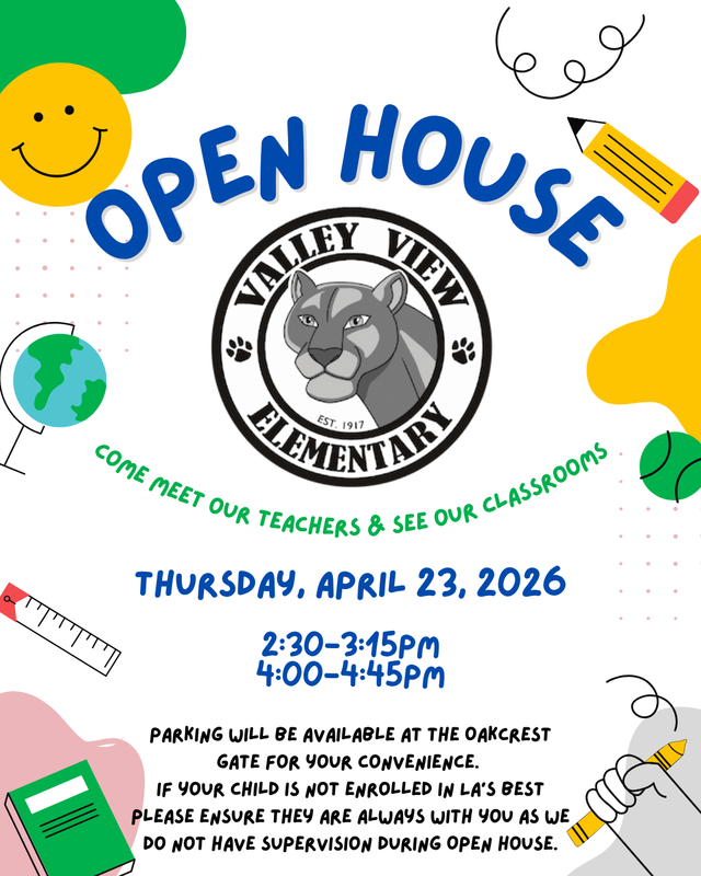 School symbols announcing Open House on Thursday, April 23 at 2:30-3:15 and 4-4:45pm