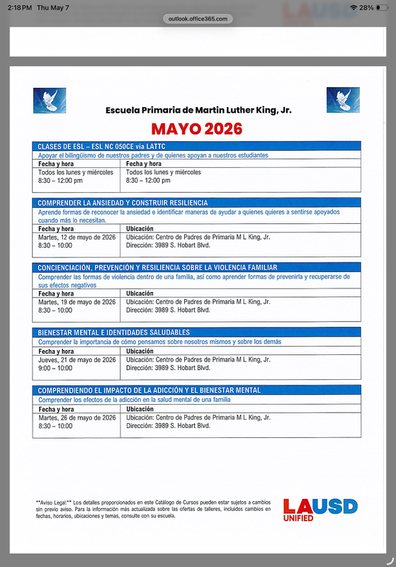 May 2026 Schedule/calendario