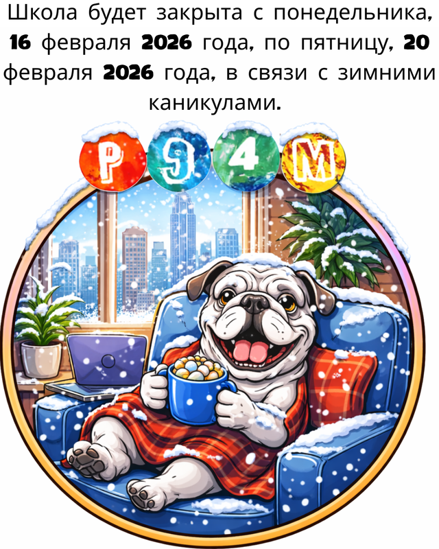 Russian- Black text with P94M bulldog logo sitting in a chair in the city