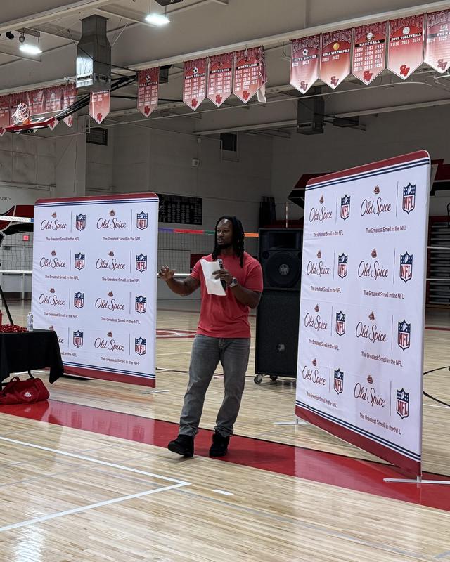 NFL Pro Todd Gurley speaks to SVHS students at the gym