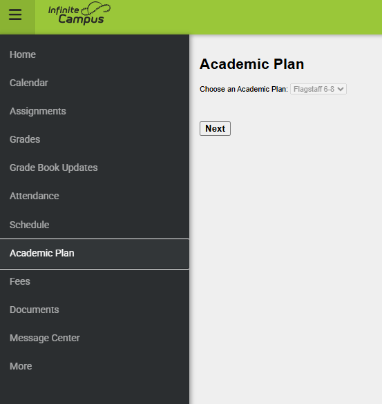 screenshot of Infinite Campus menu