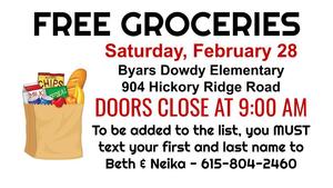 Free Groceries this Saturday, 2/28 at Byars Dowdy Elementary