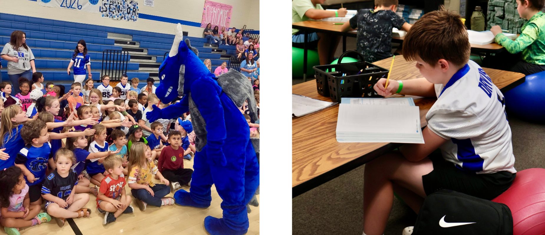 Redwater dragon mascot greeting elementary students and Redwater Intermediate student working on class work.