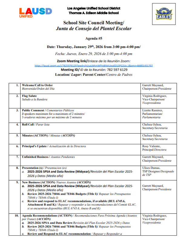 School Site Council Meeting/ Junta de Consejo del Plantel Escolar Featured Photo