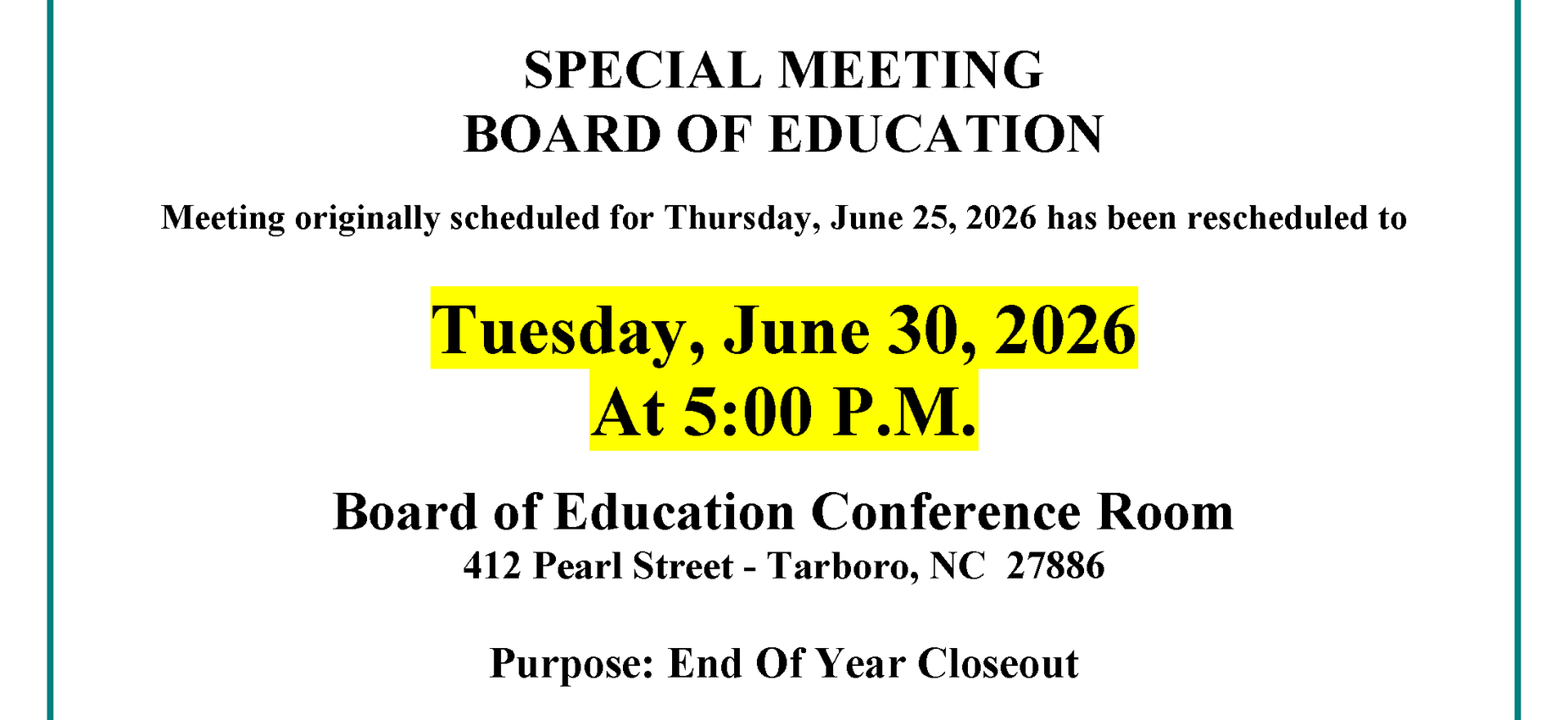 Flyer for BOE meeting rescheduled to the 30th of june at 5pm