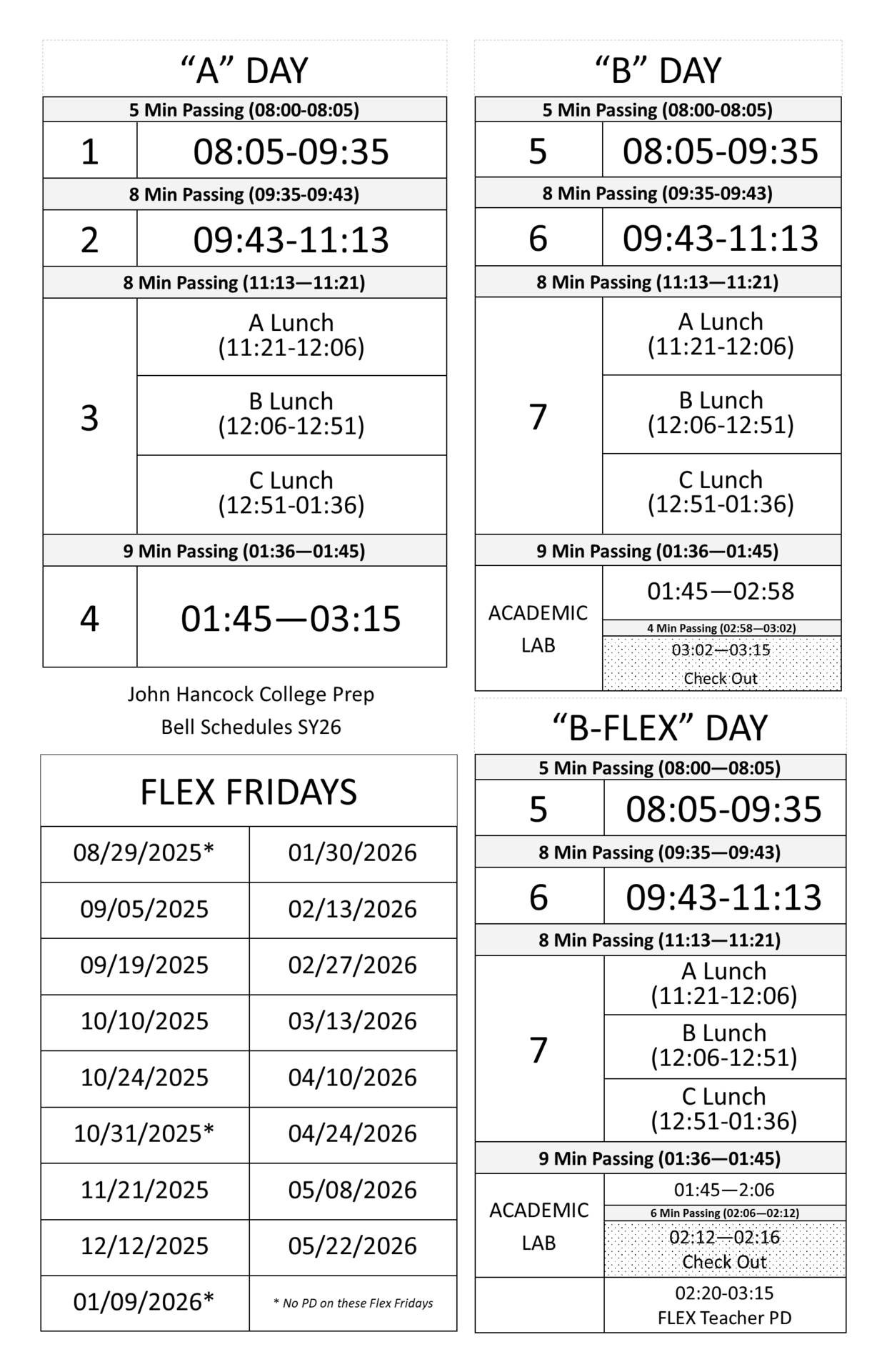This is the bell schedule for the 2025 2026 school year at John Hancock College Prep High School in Chicago, IL