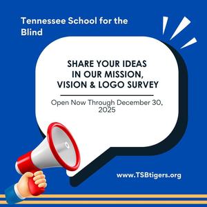 A blue graphic with a white speech bubble announcing the Mission, Vision & Logo Survey.