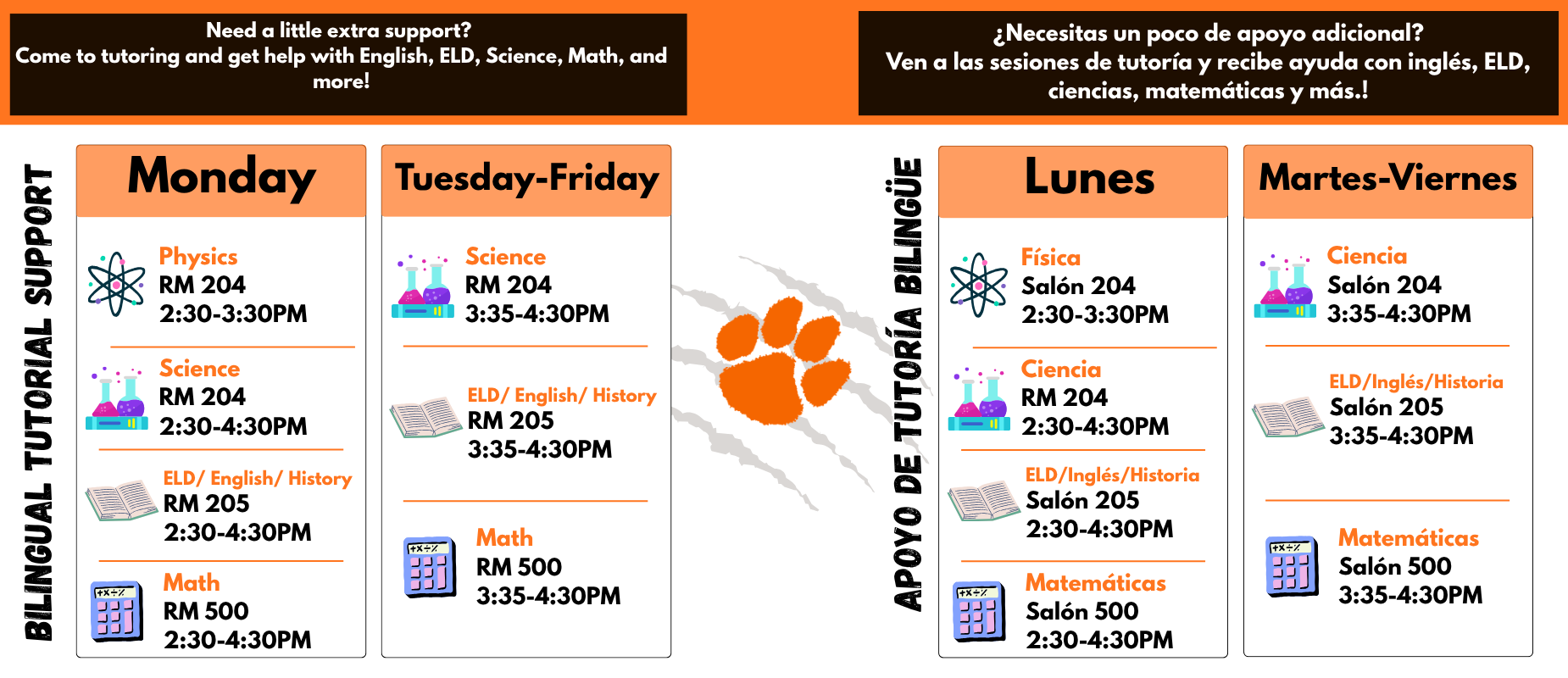 Weekly bilingual tutorial support schedule featuring subjects and locations in English and Spanish.