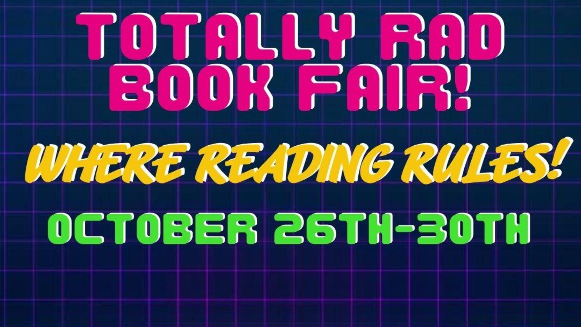 Colorful text announcing a book fair, with dates and a playful background.